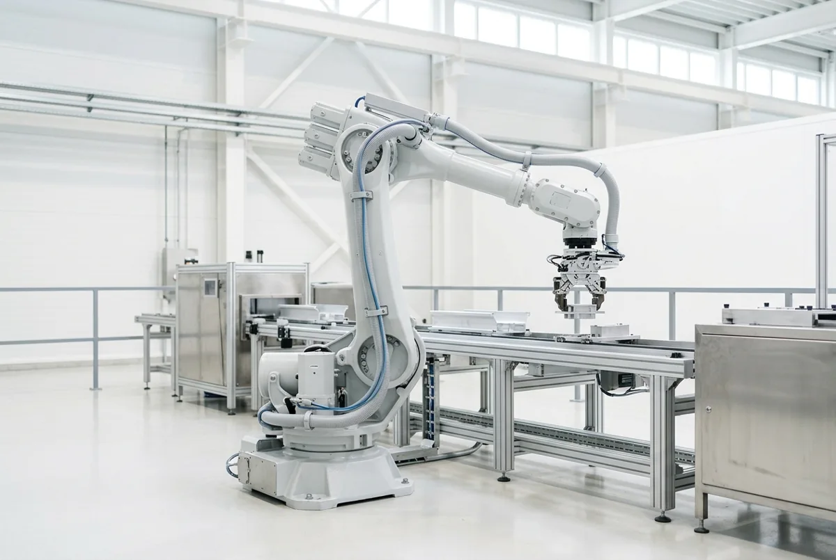 Industrial six-axis robot arm on a production line under a single spotlight